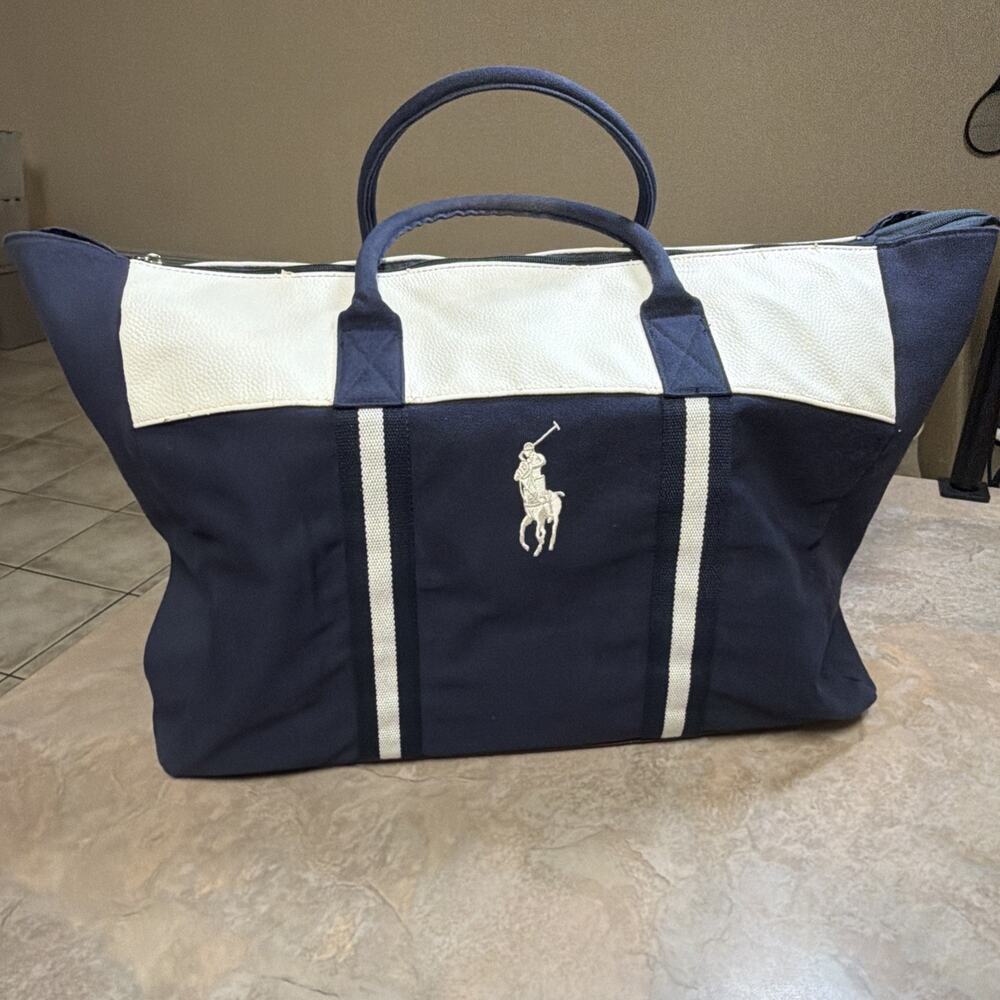 Ralph Lauren POLO Lg Weekender Bag Canvas Navy Blue/White With Leather Bottom